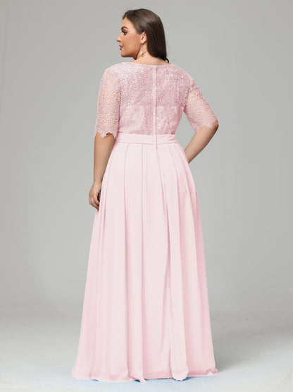 Illussion Neckline and Back Half Sleeves Scoop Lace Plus Size Bridesmaid Dresses