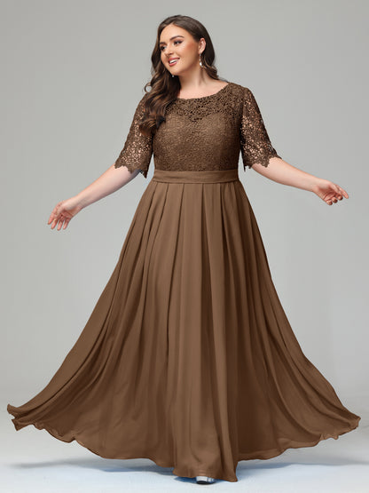 Illussion Neckline and Back Half Sleeves Scoop Lace Plus Size Bridesmaid Dresses