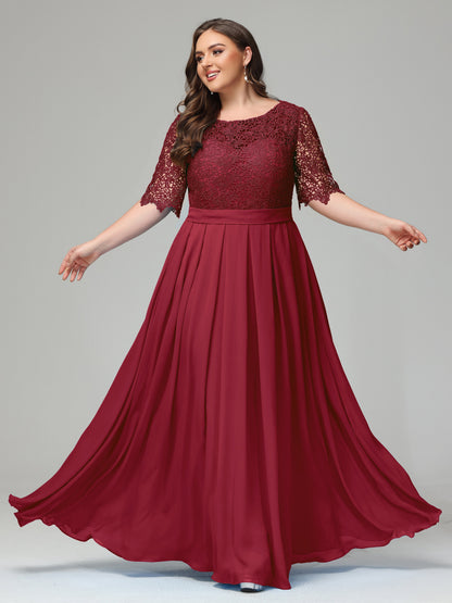 Illussion Neckline and Back Half Sleeves Scoop Lace Plus Size Bridesmaid Dresses