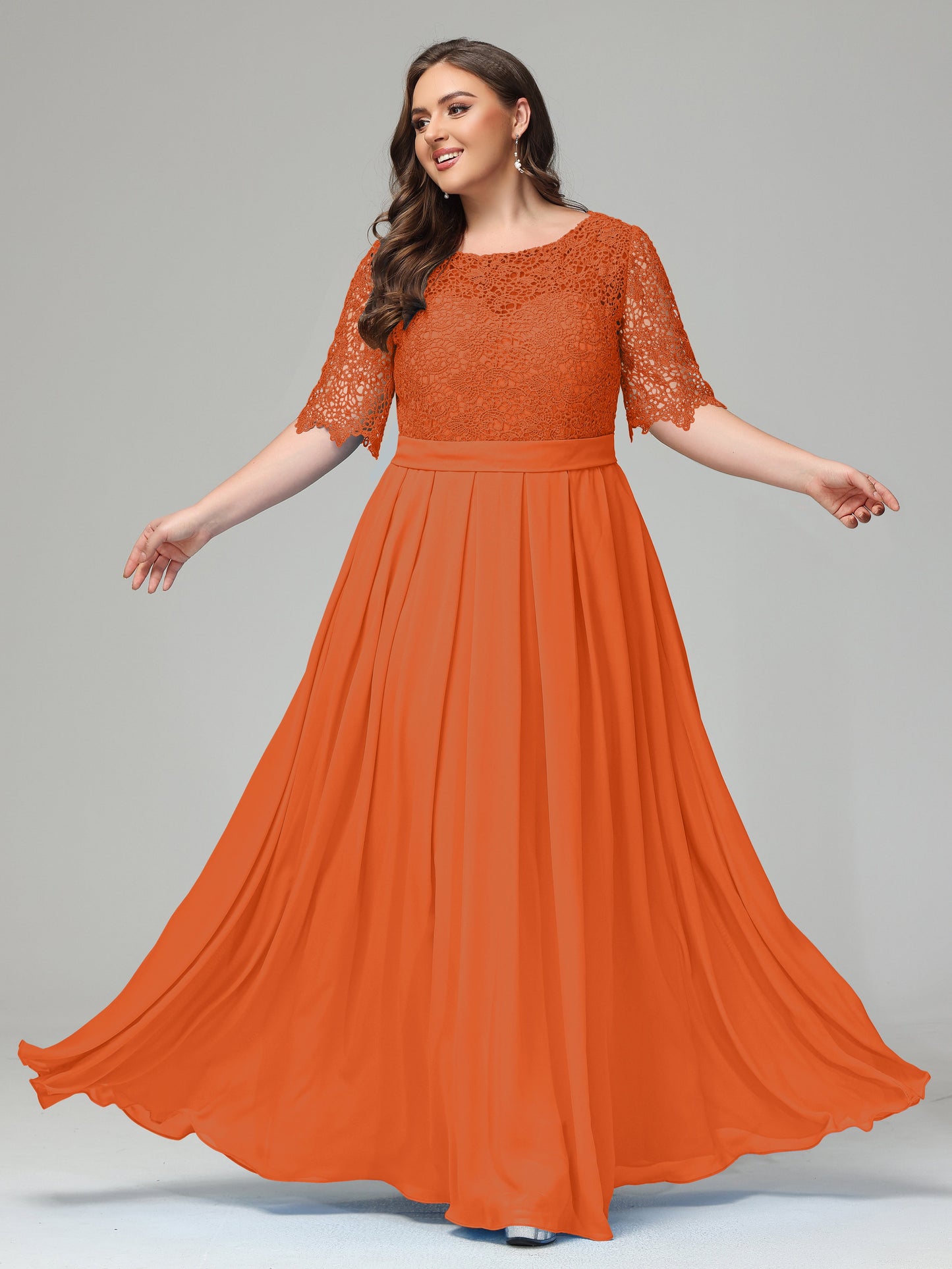 Illussion Neckline and Back Half Sleeves Scoop Lace Plus Size Bridesmaid Dresses