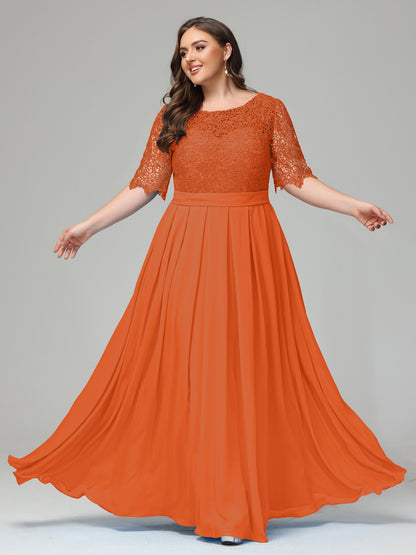 Illussion Neckline and Back Half Sleeves Scoop Lace Plus Size Bridesmaid Dresses