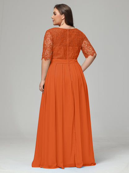 Illussion Neckline and Back Half Sleeves Scoop Lace Plus Size Bridesmaid Dresses