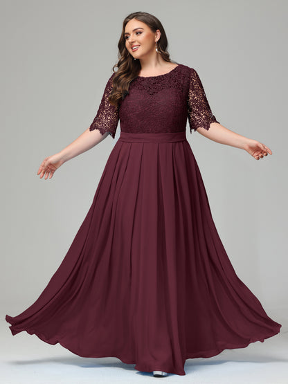 Illussion Neckline and Back Half Sleeves Scoop Lace Plus Size Bridesmaid Dresses