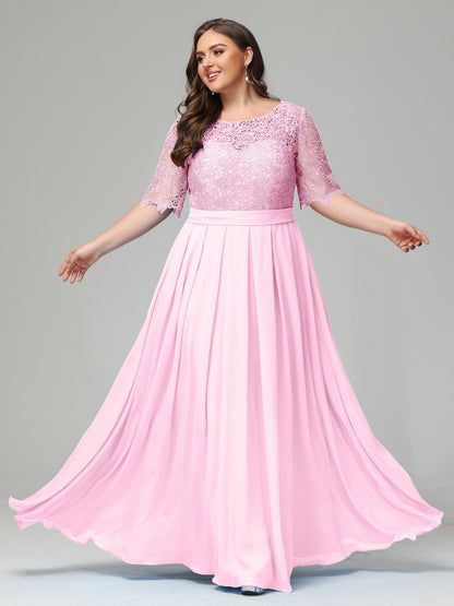 Illussion Neckline and Back Half Sleeves Scoop Lace Plus Size Bridesmaid Dresses