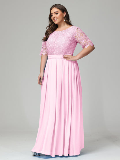 Illussion Neckline and Back Half Sleeves Scoop Lace Plus Size Bridesmaid Dresses