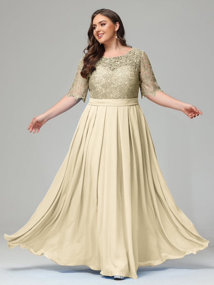 Illussion Neckline and Back Half Sleeves Scoop Lace Plus Size Bridesmaid Dresses