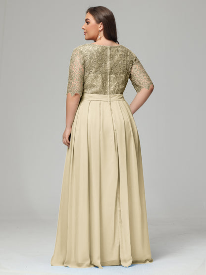 Illussion Neckline and Back Half Sleeves Scoop Lace Plus Size Bridesmaid Dresses