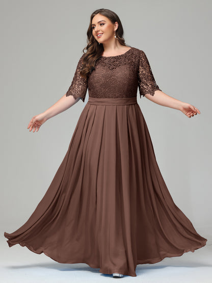 Illussion Neckline and Back Half Sleeves Scoop Lace Plus Size Bridesmaid Dresses