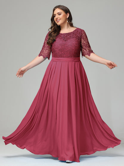 Illussion Neckline and Back Half Sleeves Scoop Lace Plus Size Bridesmaid Dresses