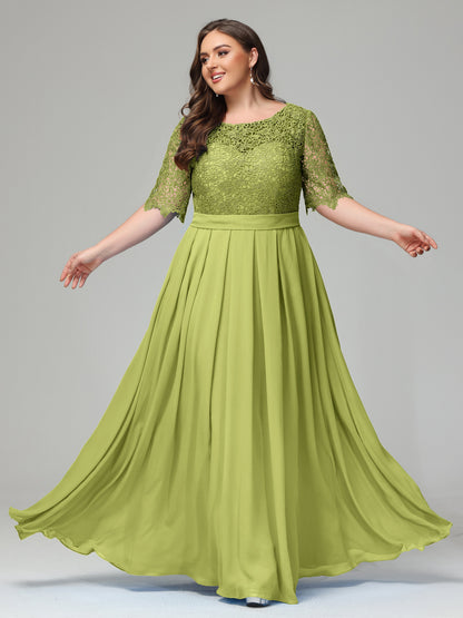 Illussion Neckline and Back Half Sleeves Scoop Lace Plus Size Bridesmaid Dresses