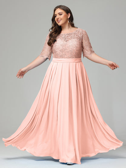 Illussion Neckline and Back Half Sleeves Scoop Lace Plus Size Bridesmaid Dresses