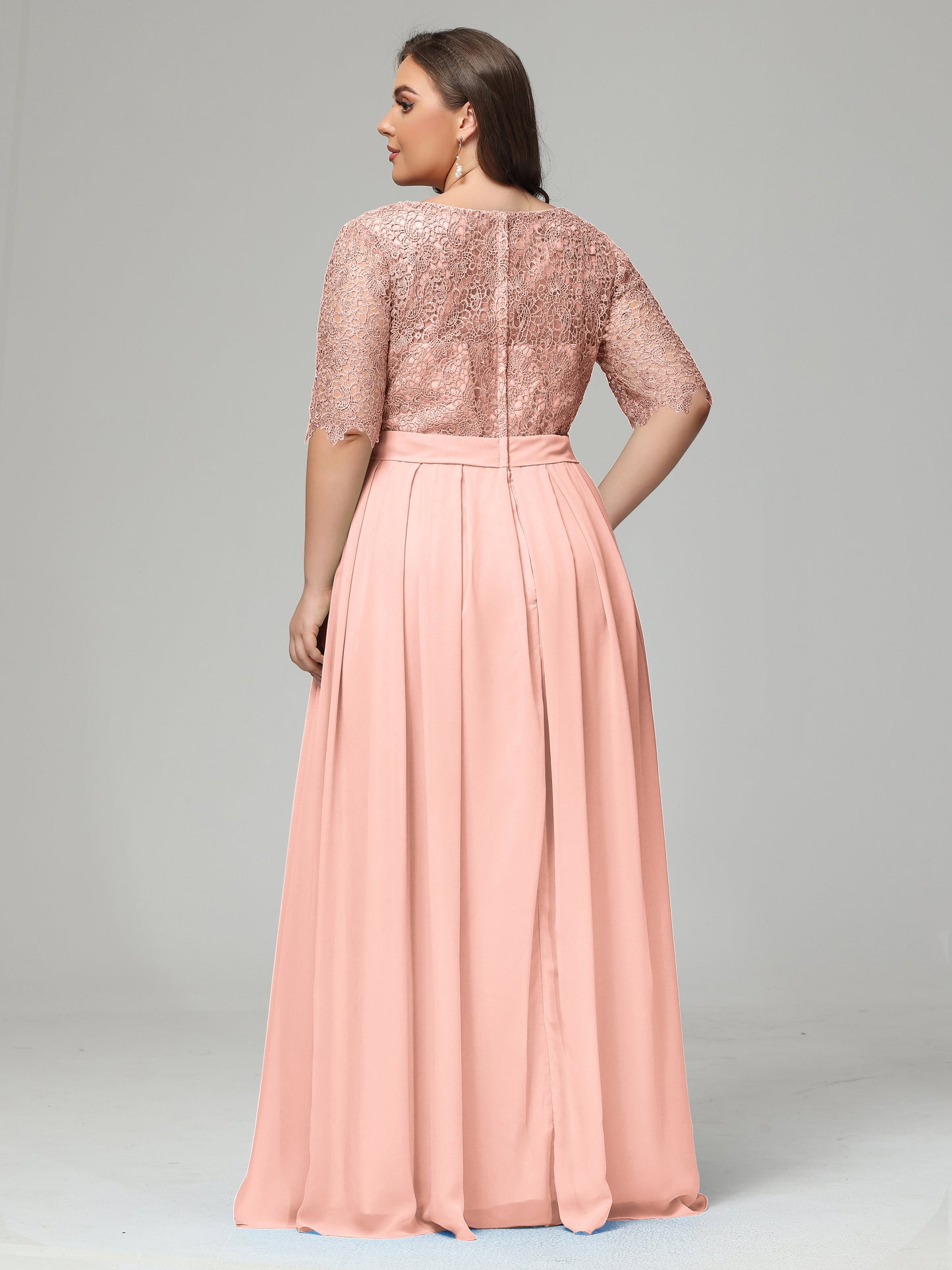 Illussion Neckline and Back Half Sleeves Scoop Lace Plus Size Bridesmaid Dresses