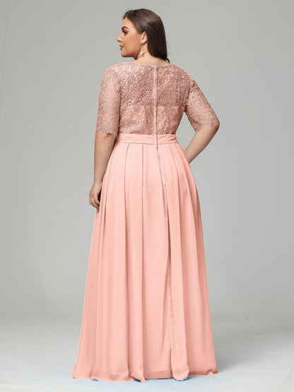 Illussion Neckline and Back Half Sleeves Scoop Lace Plus Size Bridesmaid Dresses