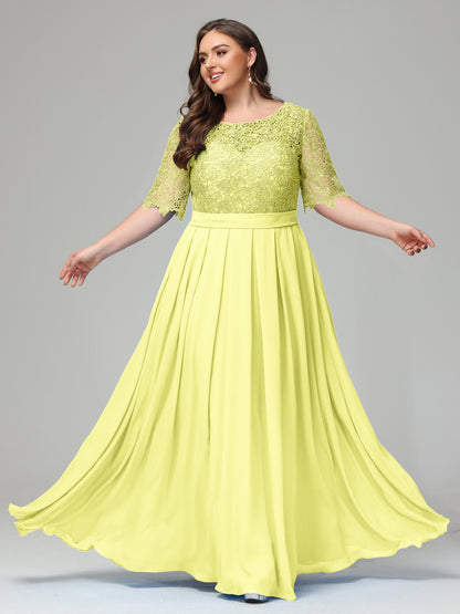 Illussion Neckline and Back Half Sleeves Scoop Lace Plus Size Bridesmaid Dresses