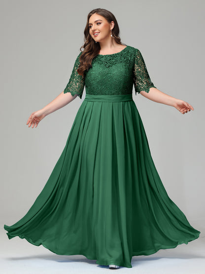 Illussion Neckline and Back Half Sleeves Scoop Lace Plus Size Bridesmaid Dresses