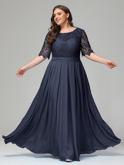 Illussion Neckline and Back Half Sleeves Scoop Lace Plus Size Bridesmaid Dresses