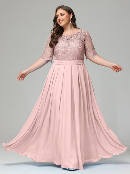 Illussion Neckline and Back Half Sleeves Scoop Lace Plus Size Bridesmaid Dresses
