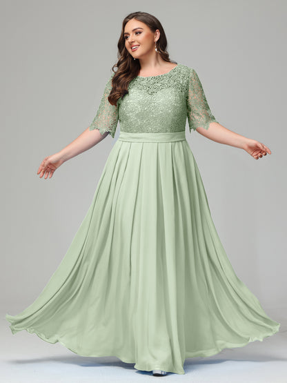 Illussion Neckline and Back Half Sleeves Scoop Lace Plus Size Bridesmaid Dresses