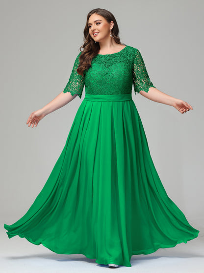 Illussion Neckline and Back Half Sleeves Scoop Lace Plus Size Bridesmaid Dresses