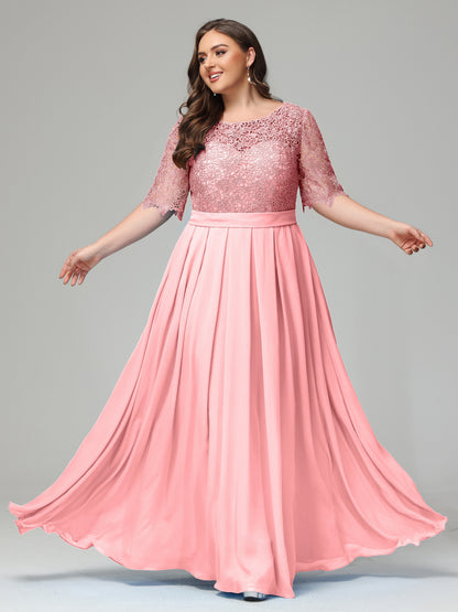 Illussion Neckline and Back Half Sleeves Scoop Lace Plus Size Bridesmaid Dresses