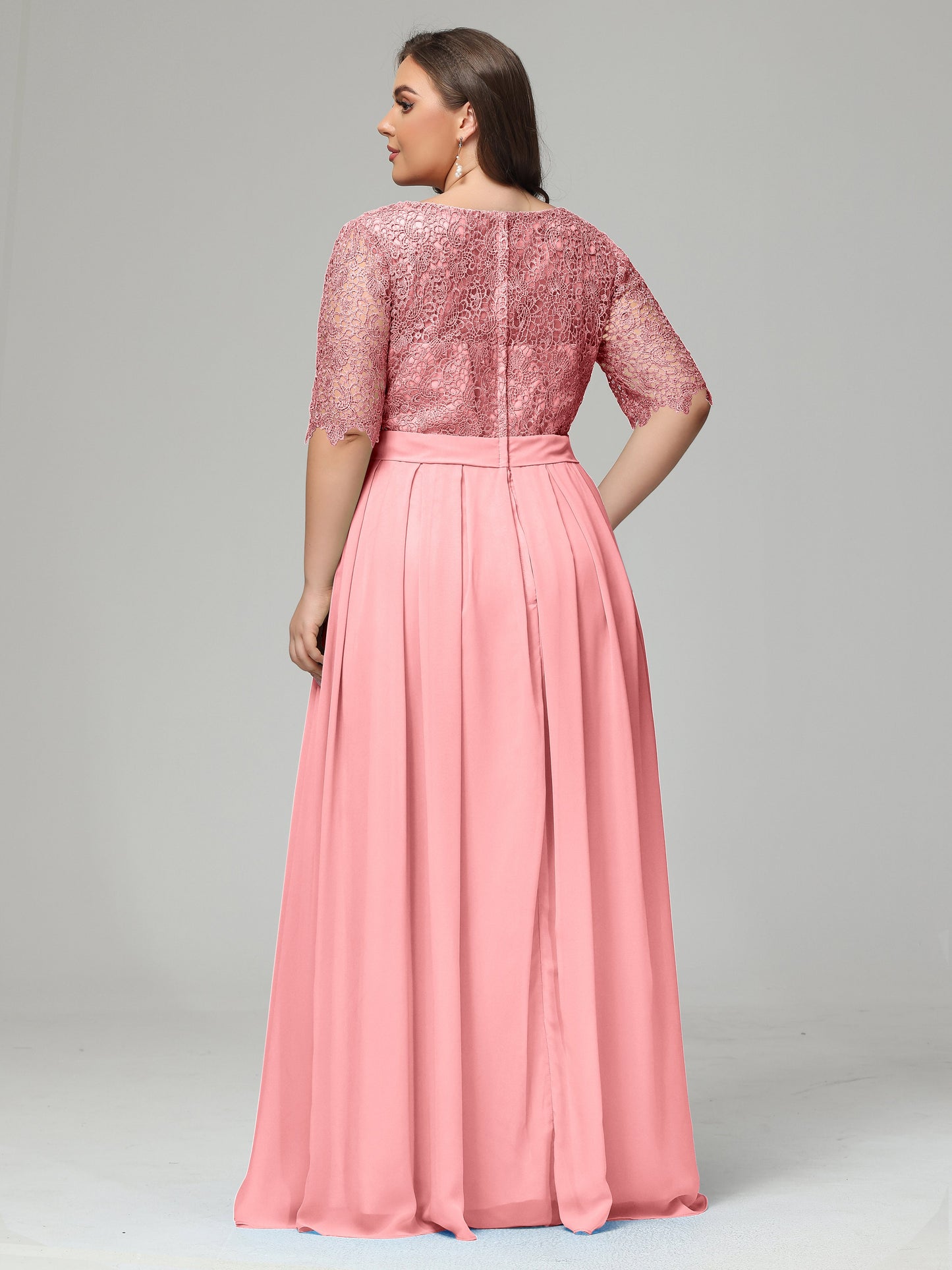 Illussion Neckline and Back Half Sleeves Scoop Lace Plus Size Bridesmaid Dresses