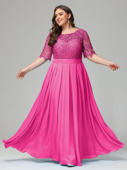 Illussion Neckline and Back Half Sleeves Scoop Lace Plus Size Bridesmaid Dresses