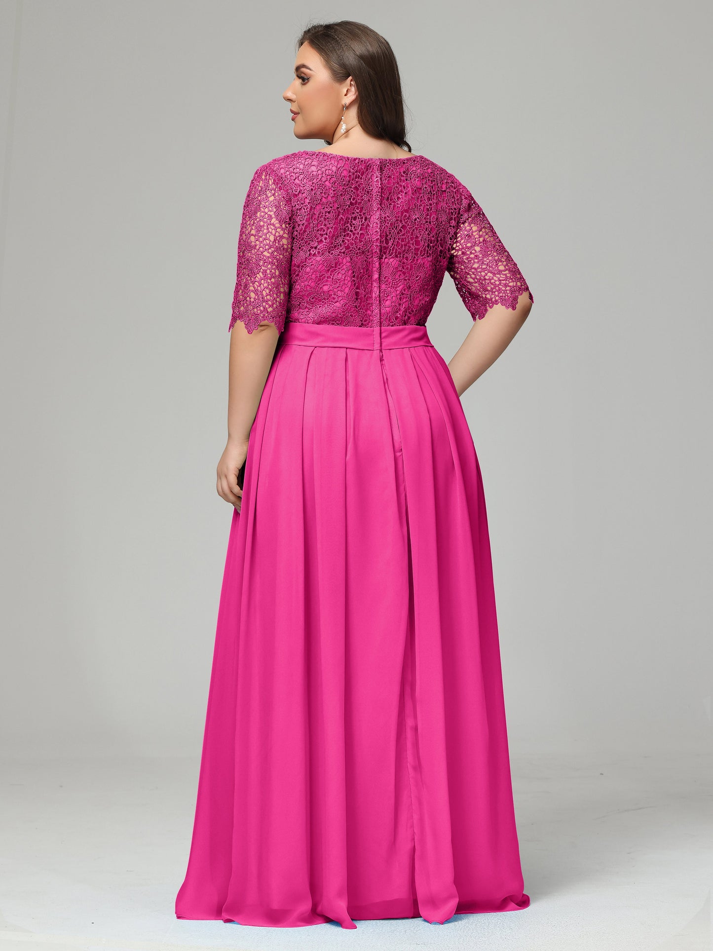 Illussion Neckline and Back Half Sleeves Scoop Lace Plus Size Bridesmaid Dresses