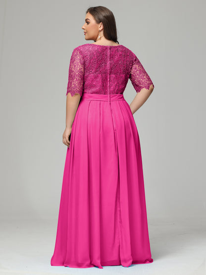 Illussion Neckline and Back Half Sleeves Scoop Lace Plus Size Bridesmaid Dresses