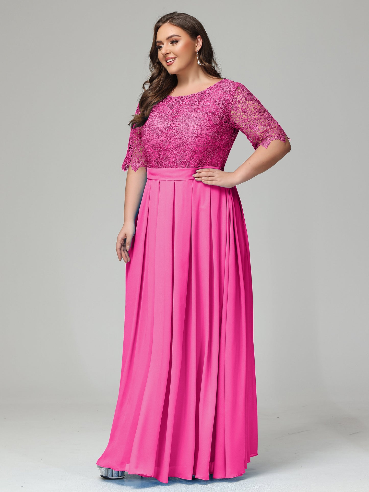 Illussion Neckline and Back Half Sleeves Scoop Lace Plus Size Bridesmaid Dresses