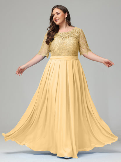 Illussion Neckline and Back Half Sleeves Scoop Lace Plus Size Bridesmaid Dresses
