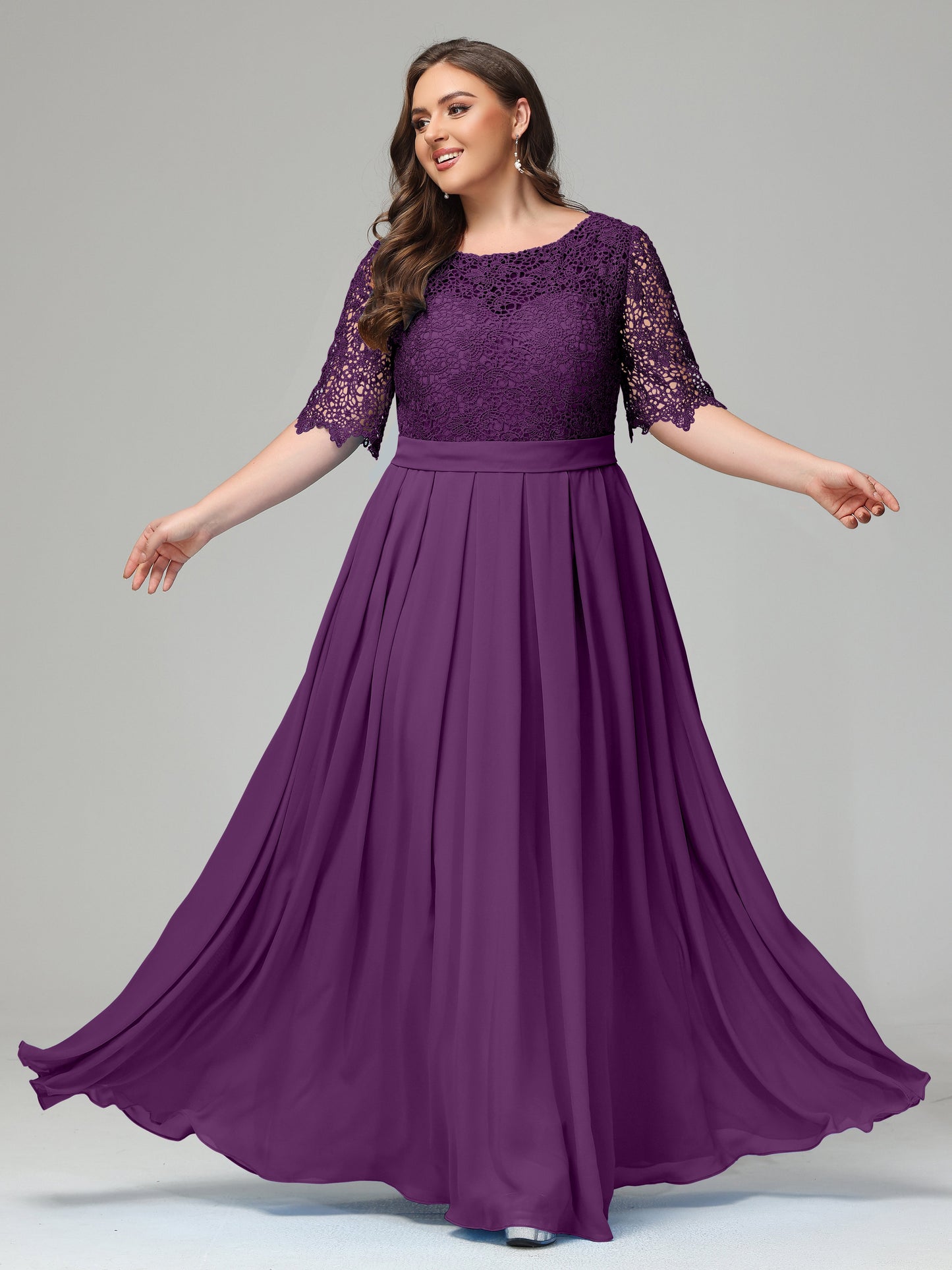 Illussion Neckline and Back Half Sleeves Scoop Lace Plus Size Bridesmaid Dresses