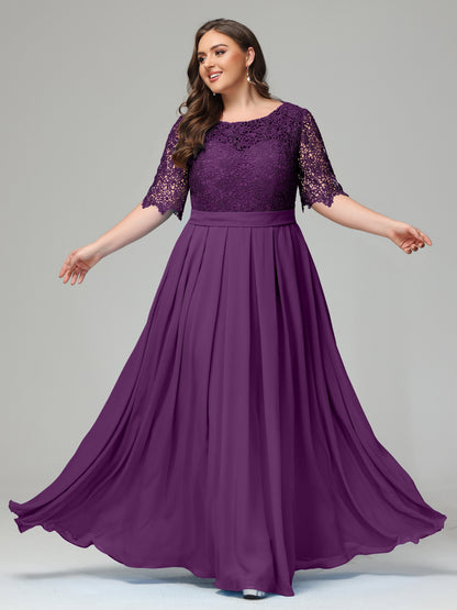 Illussion Neckline and Back Half Sleeves Scoop Lace Plus Size Bridesmaid Dresses