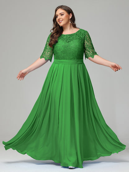 Illussion Neckline and Back Half Sleeves Scoop Lace Plus Size Bridesmaid Dresses