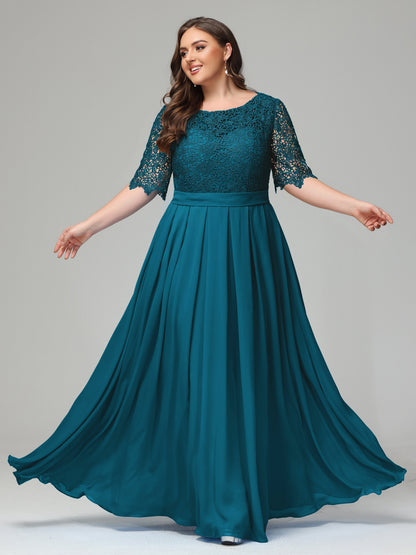 Illussion Neckline and Back Half Sleeves Scoop Lace Plus Size Bridesmaid Dresses