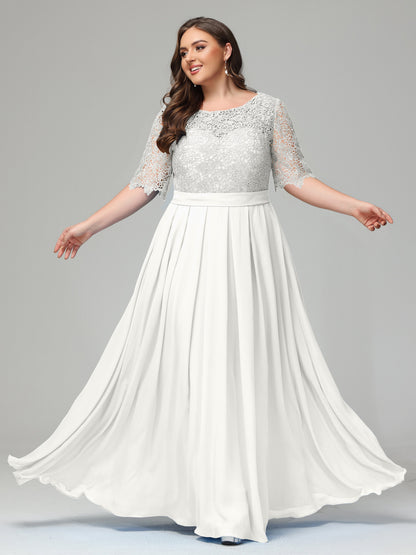 Illussion Neckline and Back Half Sleeves Scoop Lace Plus Size Bridesmaid Dresses