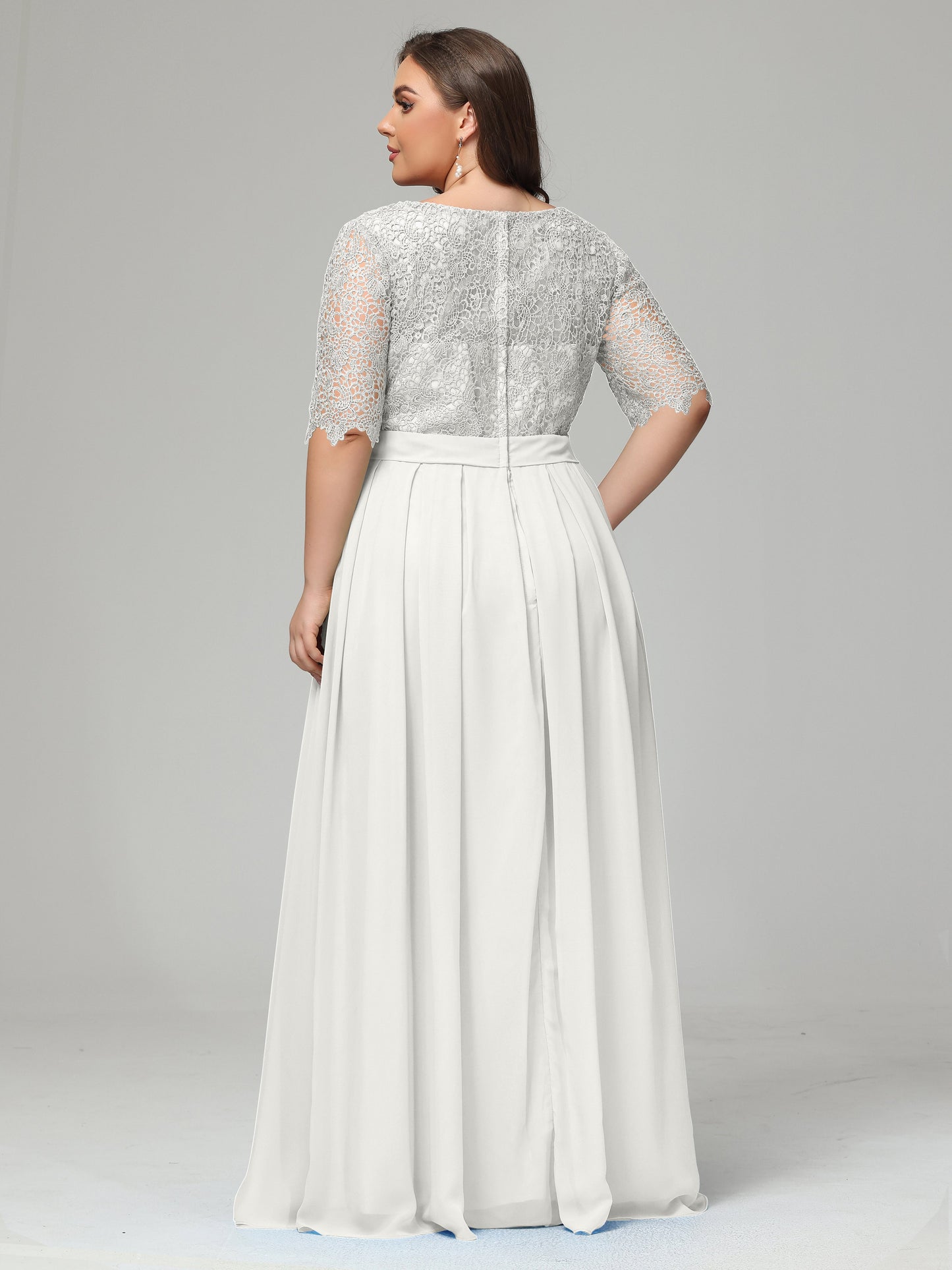 Illussion Neckline and Back Half Sleeves Scoop Lace Plus Size Bridesmaid Dresses