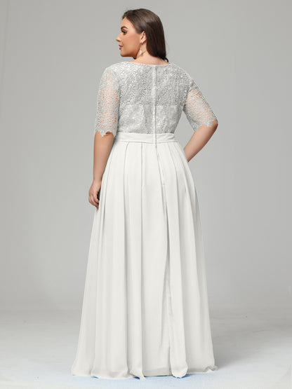 Illussion Neckline and Back Half Sleeves Scoop Lace Plus Size Bridesmaid Dresses