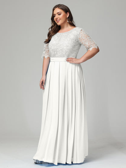 Illussion Neckline and Back Half Sleeves Scoop Lace Plus Size Bridesmaid Dresses