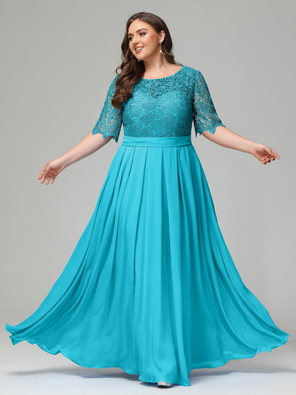 Illussion Neckline and Back Half Sleeves Scoop Lace Plus Size Bridesmaid Dresses
