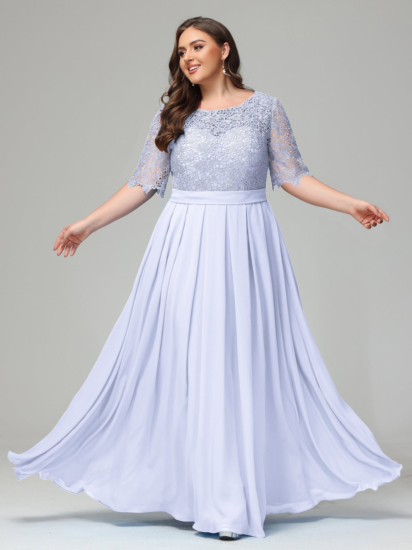 Illussion Neckline and Back Half Sleeves Scoop Lace Plus Size Bridesmaid Dresses