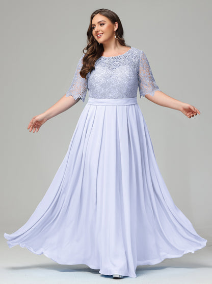 Illussion Neckline and Back Half Sleeves Scoop Lace Plus Size Bridesmaid Dresses