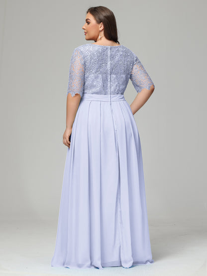 Illussion Neckline and Back Half Sleeves Scoop Lace Plus Size Bridesmaid Dresses