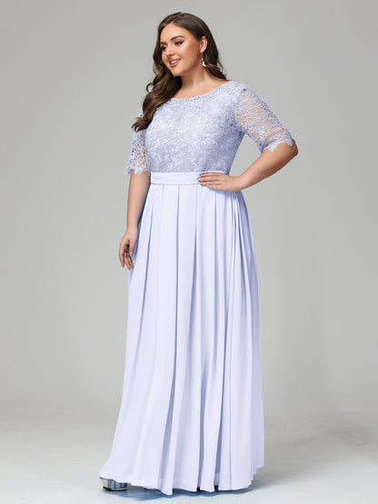 Illussion Neckline and Back Half Sleeves Scoop Lace Plus Size Bridesmaid Dresses