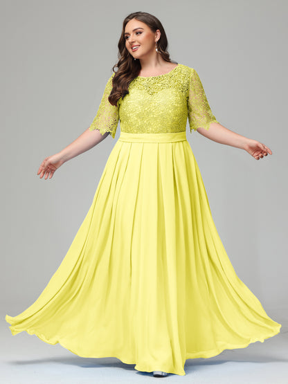 Illussion Neckline and Back Half Sleeves Scoop Lace Plus Size Bridesmaid Dresses