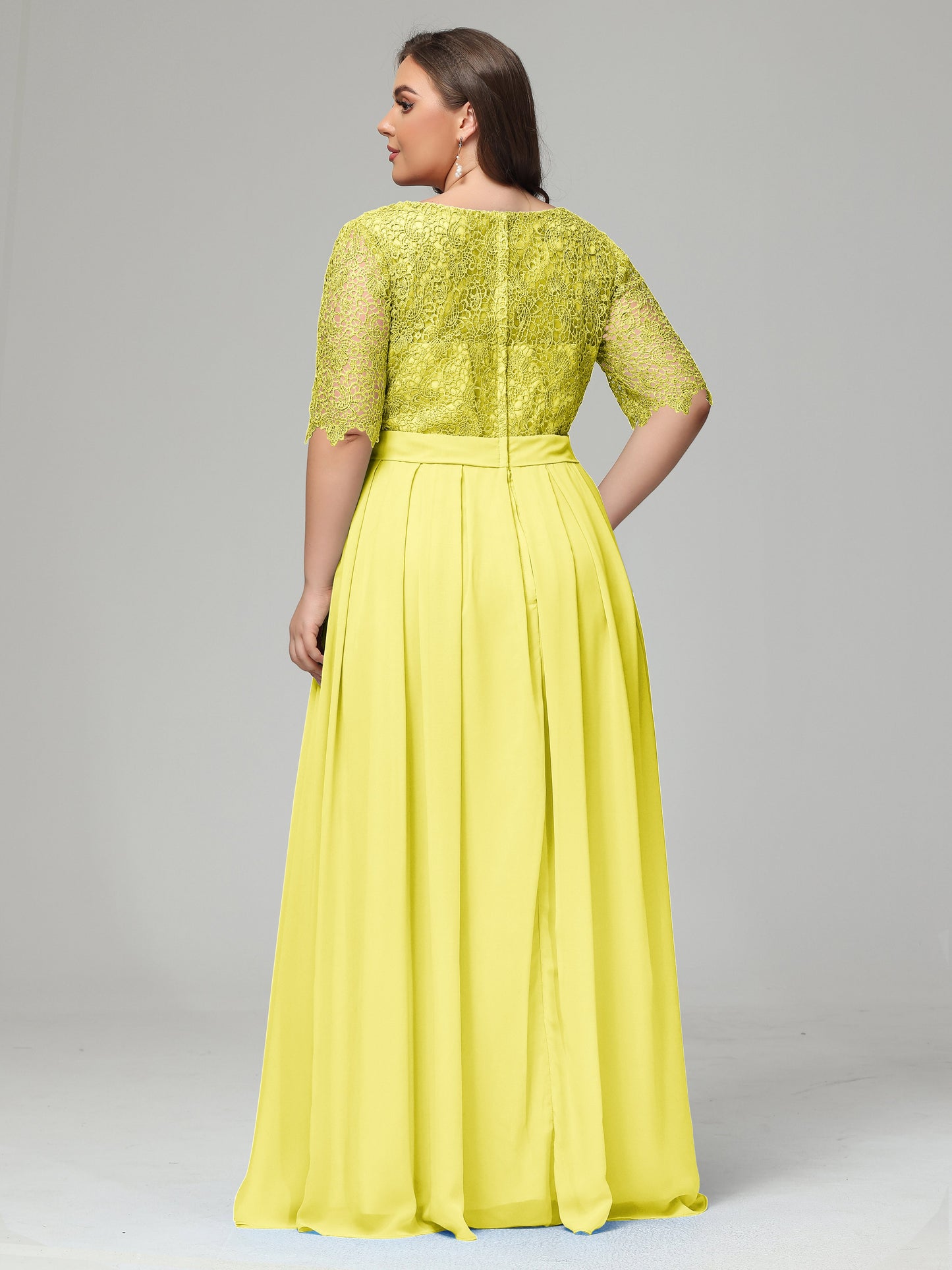 Illussion Neckline and Back Half Sleeves Scoop Lace Plus Size Bridesmaid Dresses