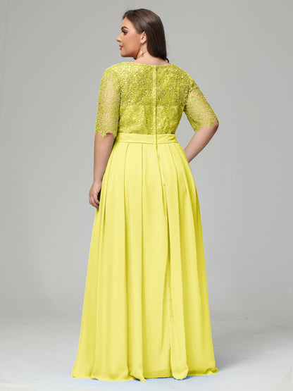 Illussion Neckline and Back Half Sleeves Scoop Lace Plus Size Bridesmaid Dresses