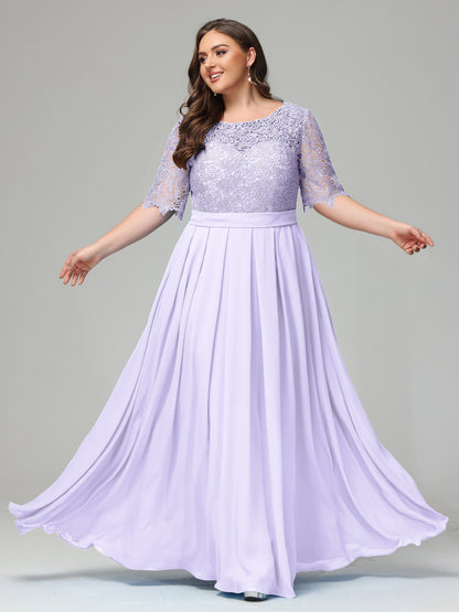 Illussion Neckline and Back Half Sleeves Scoop Lace Plus Size Bridesmaid Dresses