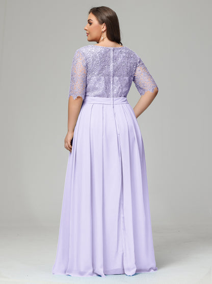Illussion Neckline and Back Half Sleeves Scoop Lace Plus Size Bridesmaid Dresses