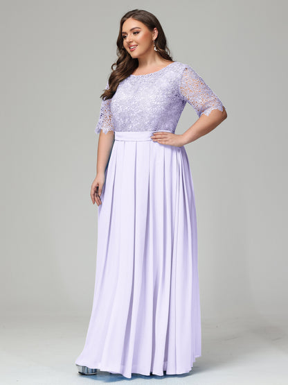 Illussion Neckline and Back Half Sleeves Scoop Lace Plus Size Bridesmaid Dresses