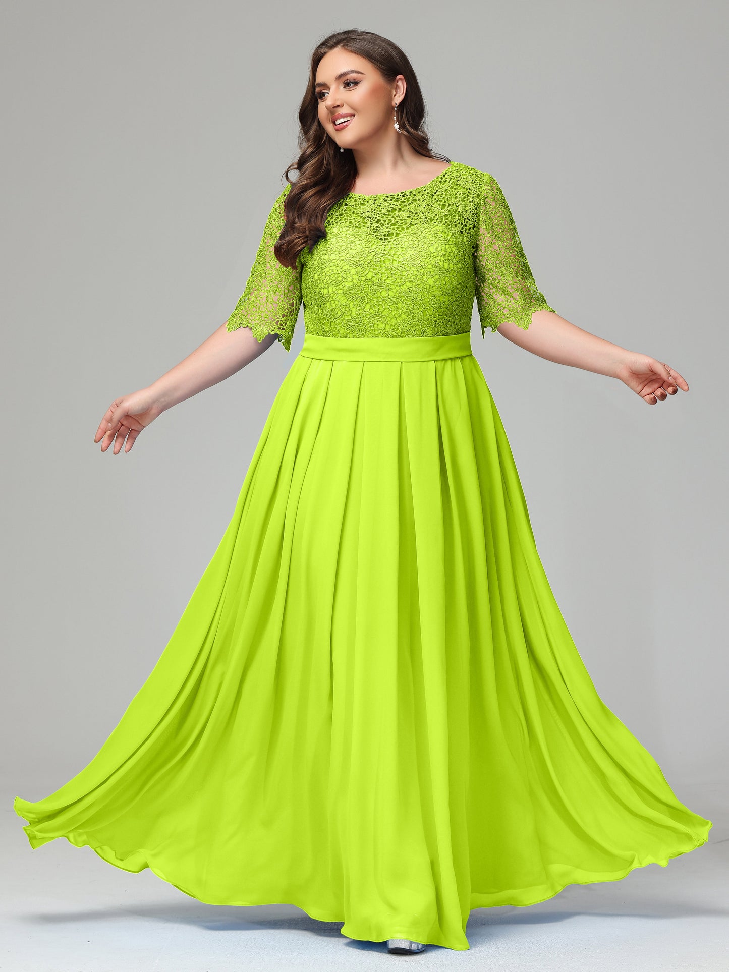 Illussion Neckline and Back Half Sleeves Scoop Lace Plus Size Bridesmaid Dresses
